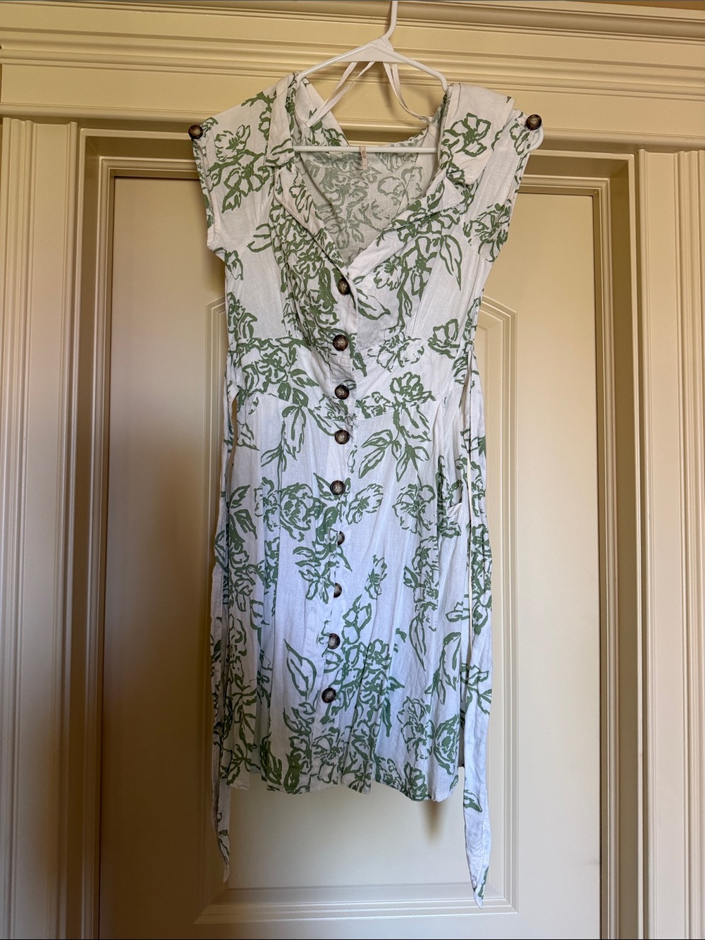 Free People White Dress with Green Floral Print and Button Front